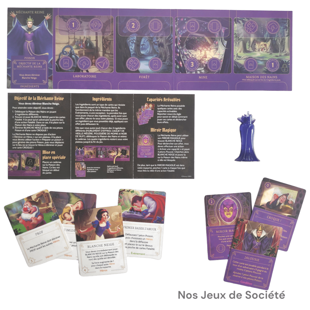 Cartes, figurines et objectif du méchant Méchante Reine dans le jeu de société Villainous extension 1.