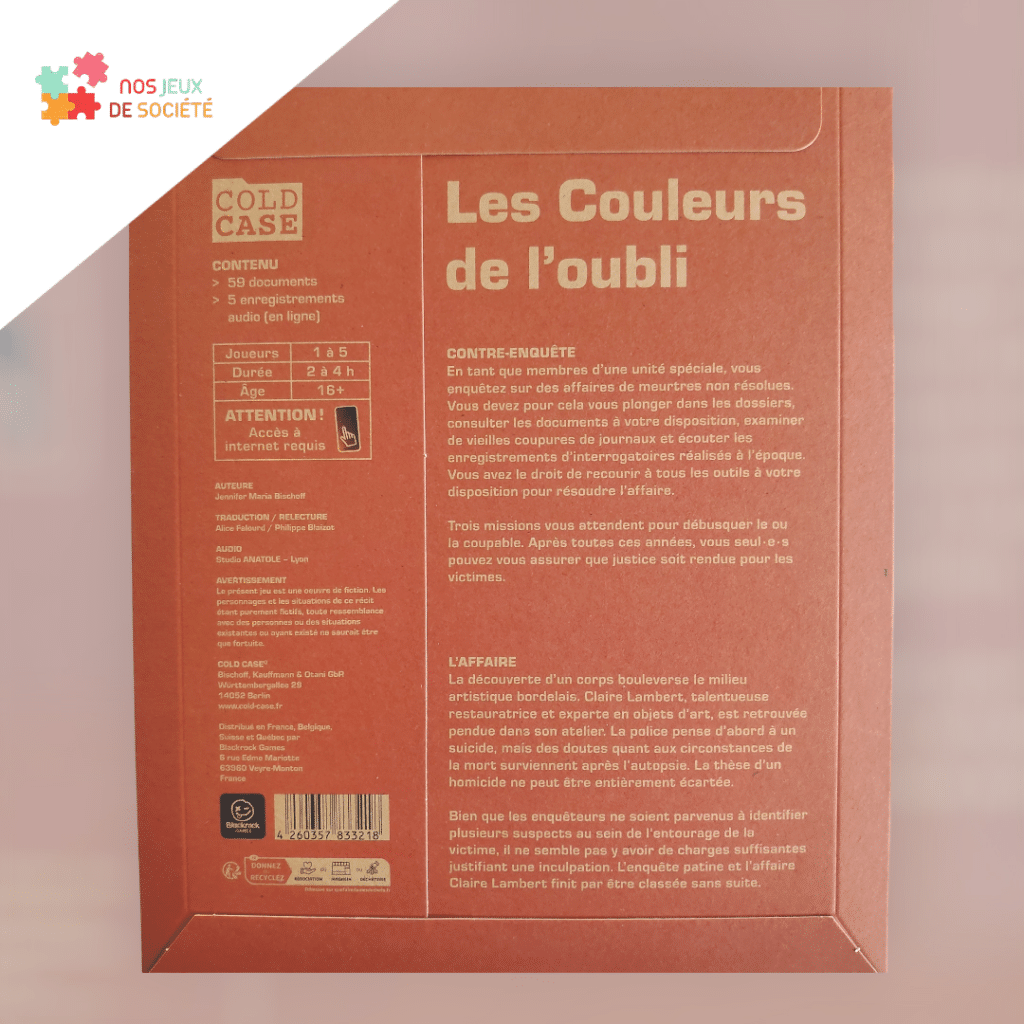 cold case les couleurs de l oubli - verso boite