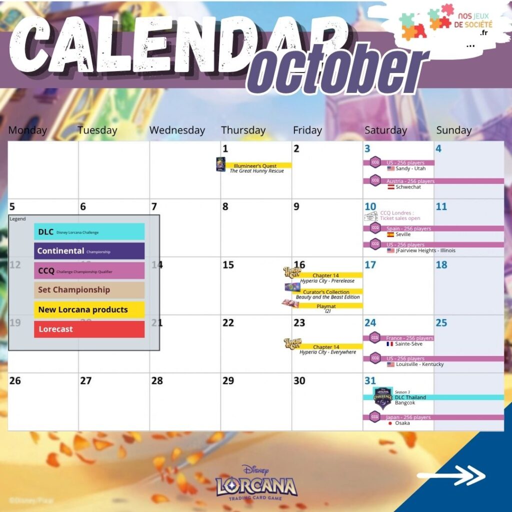Lorcana calendrier octobre www.nos-jeux-de-societe.fr